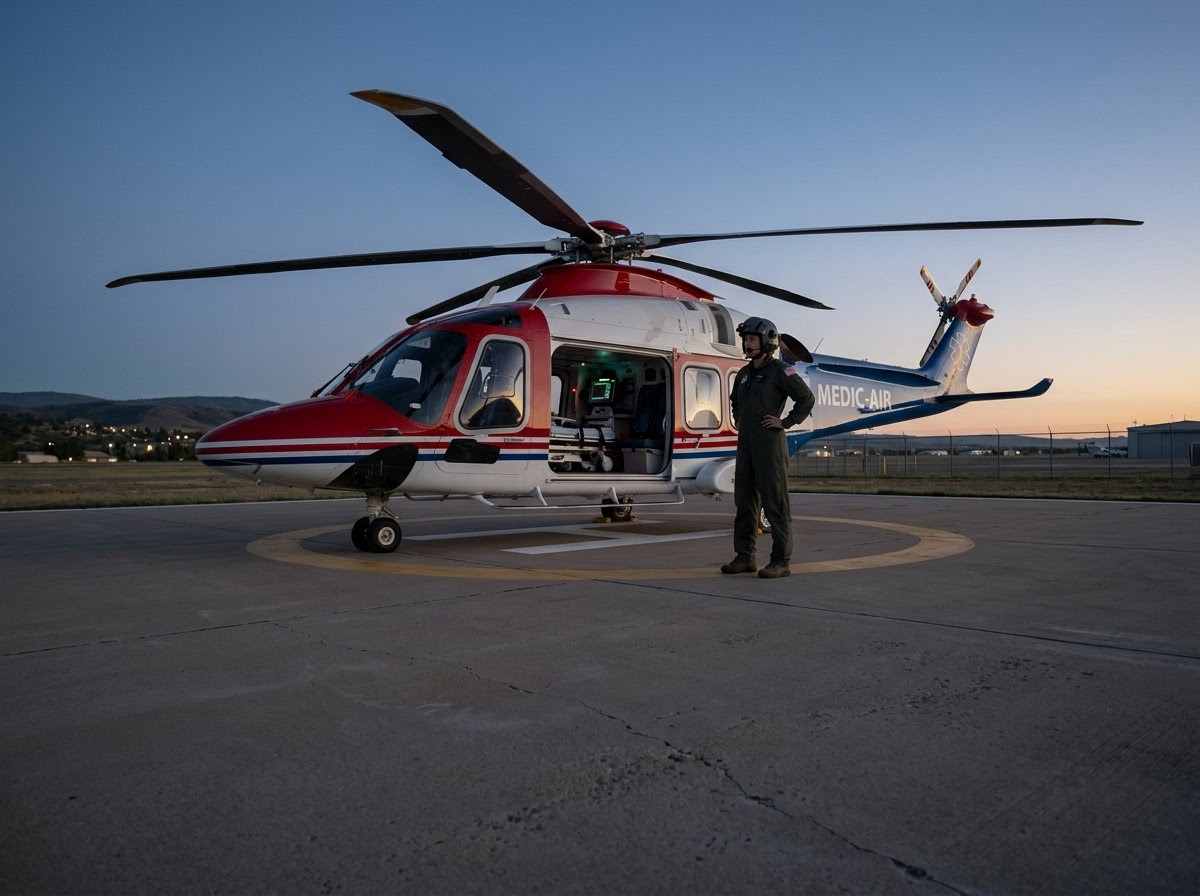 Medical transport helicopter on a landing pad with a flight crew member standing beside it