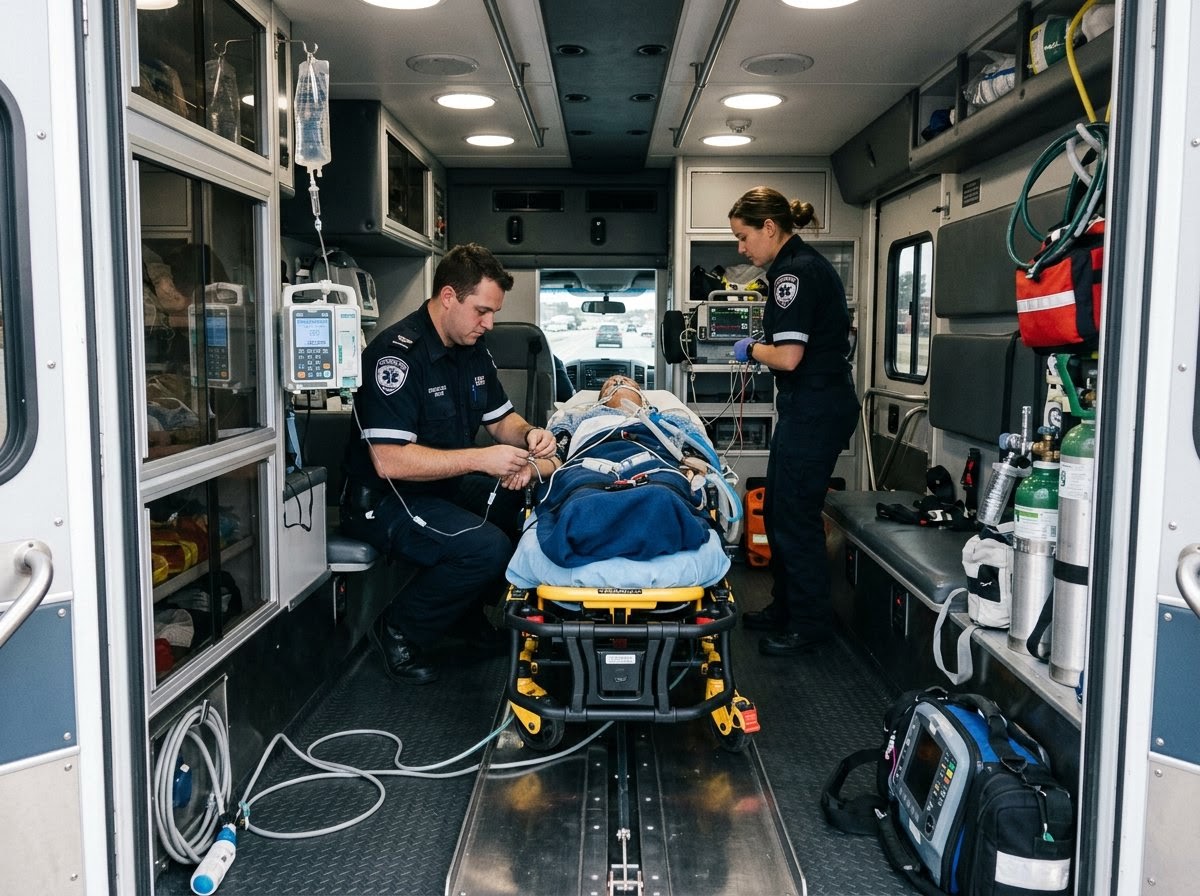 Two critical care providers working near a stretcher inside a moving ambulance